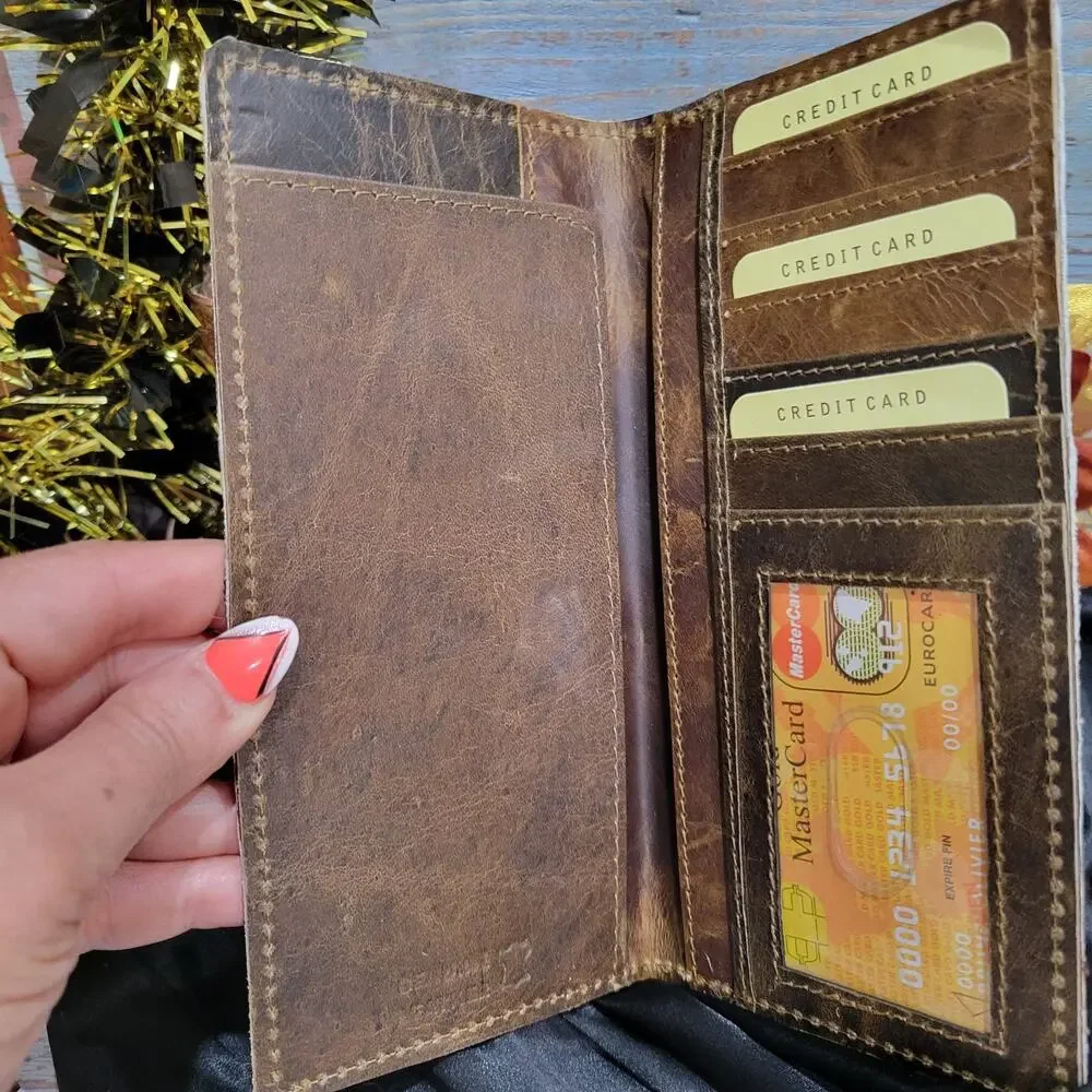 Horse Concho Mens Wallet Cowhide Long Bifold, Genuine Leather Wild Cat Print